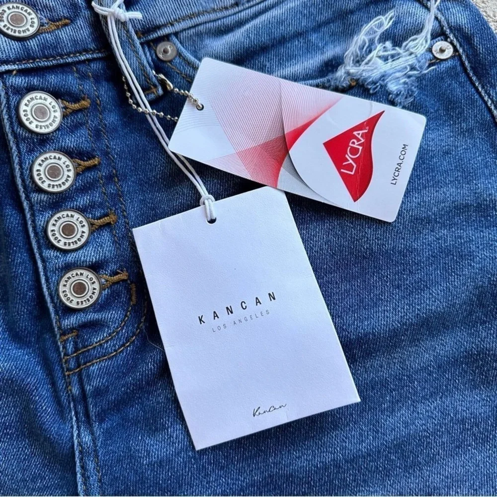 KanCan High Rise Button Fly Frayed Hem Denim Jean Long Shorts Women’s Sizes NWT